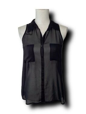 Decree Black Sheer Sleeveless Button-Down Top Whimsigoth Corporate Goth Vibes